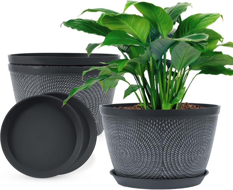 Quarut 10 Inch Flower Pots Planters for Outdoor Indoor, 3 Pack Plastic Plant Pots with Drainage Hole & Tray, Modern Decorative Garden Pot with Saucer, planters for House (Gray) - Image 1
